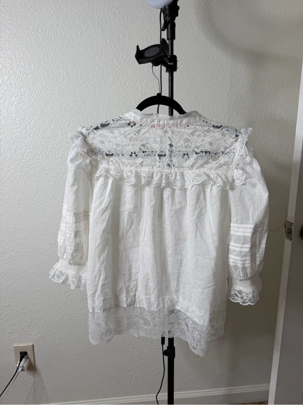 Anthropologie Cream Lace-Trim Puff Sleeve Blouse - Picture 11 of 12